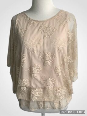 Poetry Nude Batwing Lace Overlay Round Neck Elastic Waist Blouse Top S